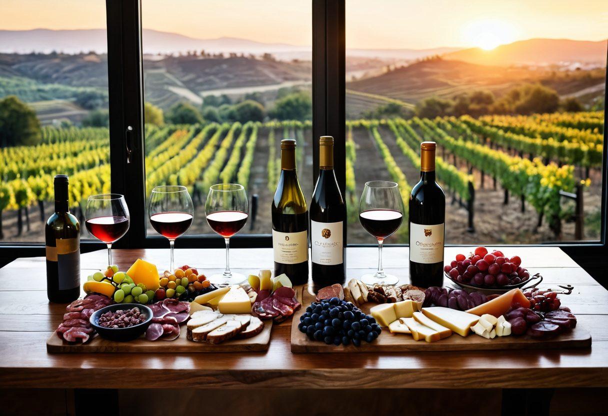 A beautifully arranged wine selection featuring a variety of bottles, including reds, whites, and sparkling wines, set against an elegant wooden table. Include wine glasses filled with different varieties, a charcuterie board with cheese and fruits, and a soft warm light highlighting the textures. In the background, a vineyard landscape at sunset peeks through a large window. artistic photography. warm colors. elegant ambiance.