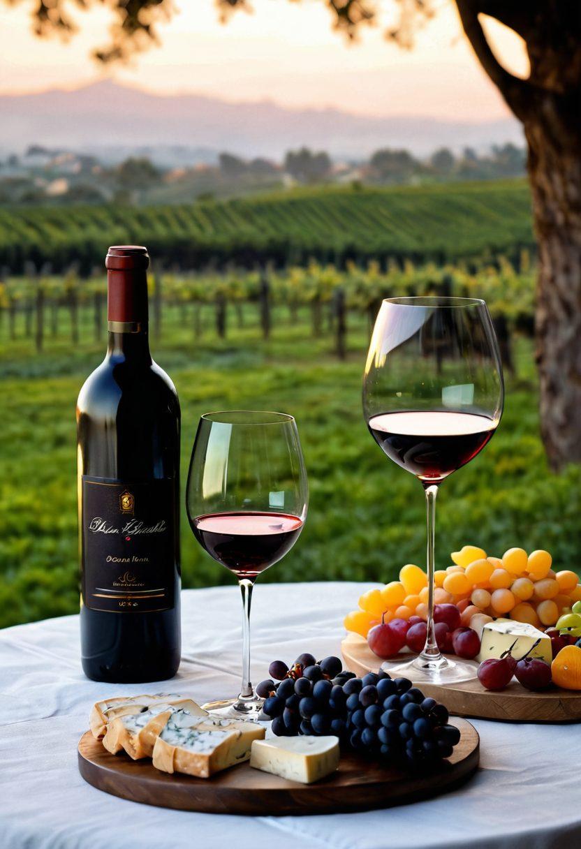 A sophisticated table setting showcasing an elegant wine bottle and two crystal glasses filled with red wine, accompanied by a gourmet cheese platter and fresh fruits. In the background, a warm, inviting ambiance with soft candlelight reflects the atmosphere of a fine dining experience. Abstract hints of vineyards and grapevines incorporate a connection to wine origins. The scene should evoke feelings of luxury and indulgence. super-realistic. warm colors. soft focus.