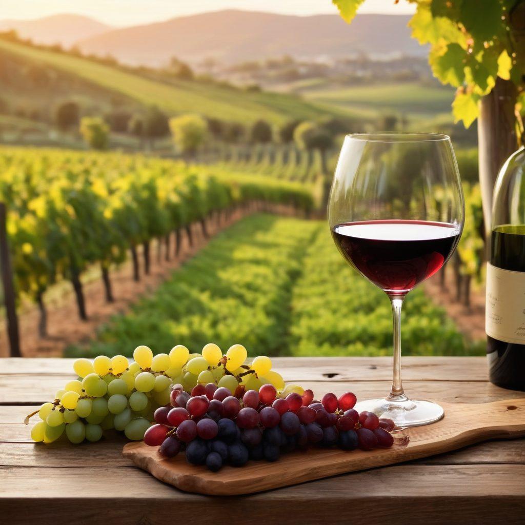 A lush vineyard landscape at sunset, showcasing rows of grapevines with various colored grapes, an elegant wine glass in the foreground filled with deep red wine. Encompass a rustic wooden table laid out with tasting notes, cheese, and bread, evoking a sense of exploration and indulgence in wine culture. Include a globe or map subtly integrated in the background, highlighting wine regions. super-realistic. vibrant colors. serene ambiance.
